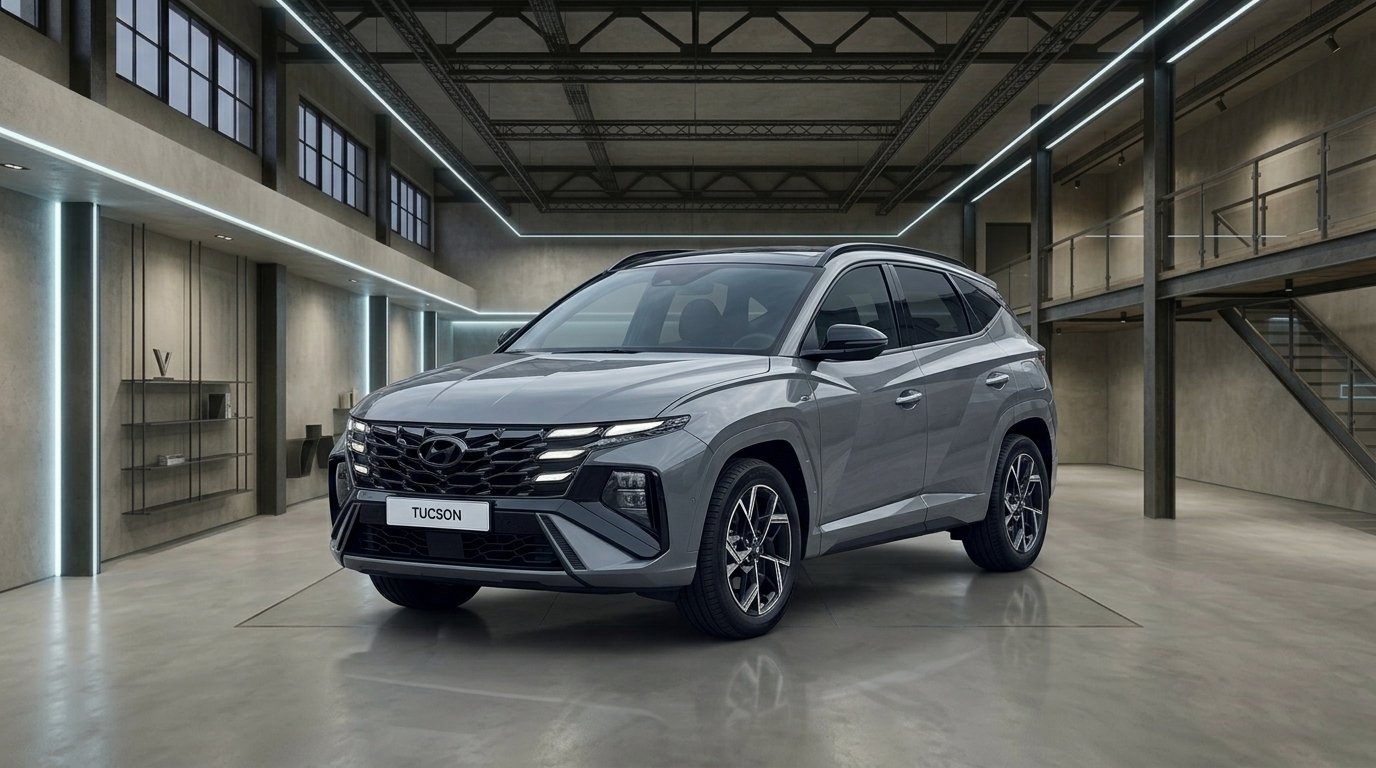 Hyundai Tucson SUV — rendu showroomia studio béton industriel pour annonce VO