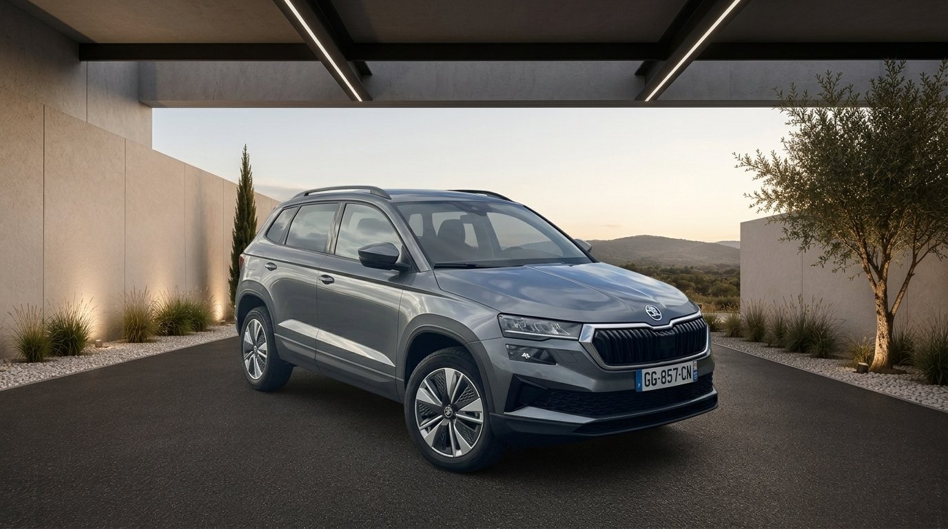 Skoda Karoq SUV — rendu showroomia studio Riviera, paysage méditerranéen pour annonce SUV occasion